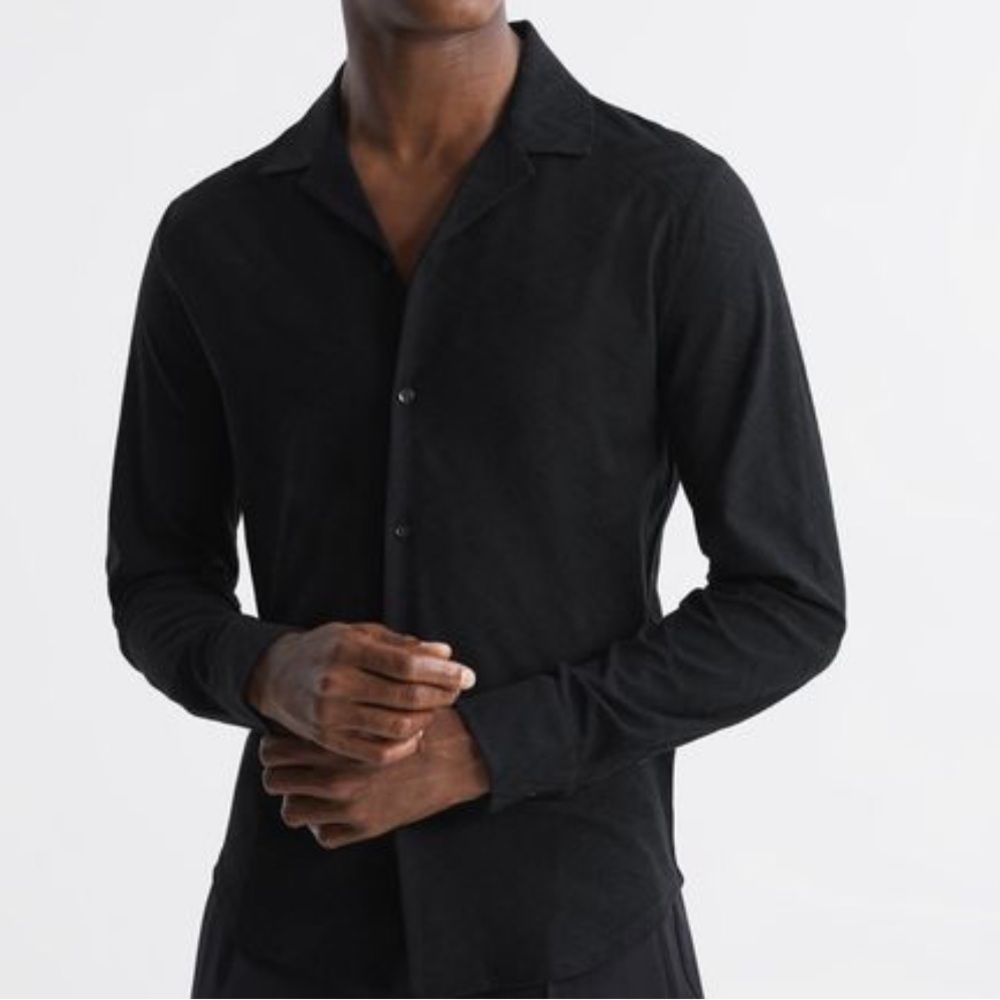 Reiss Mens black ledger jacquard Cuban 100% cotton collar long sleeve shirt XL